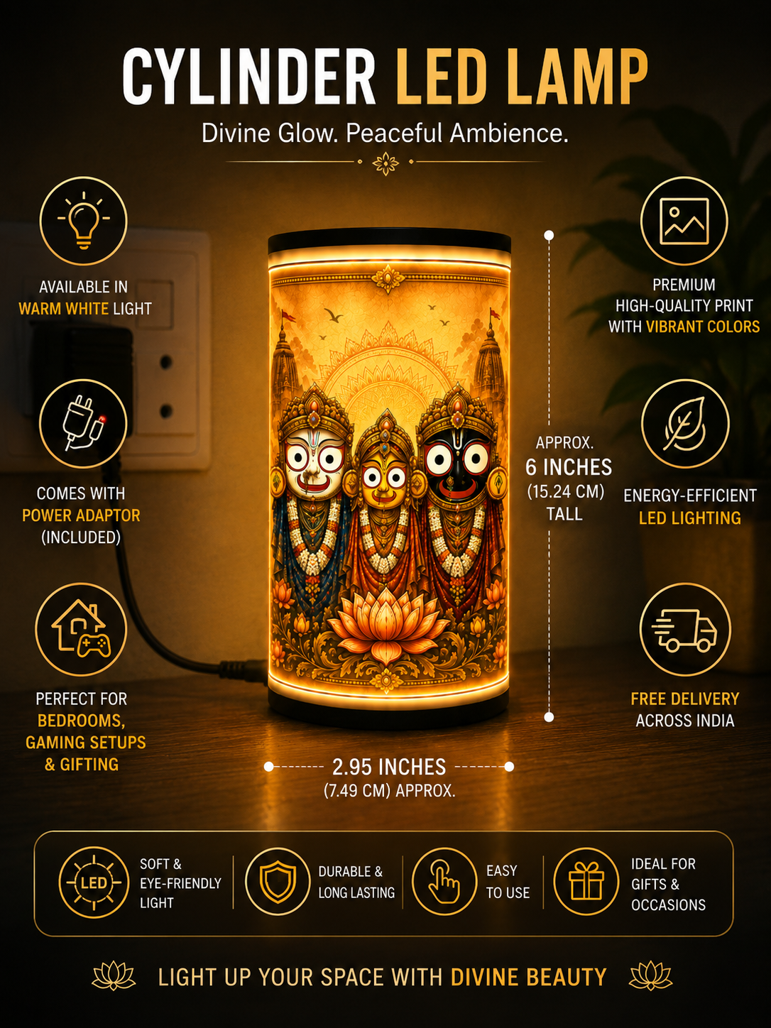Shri Jagannath Devotional Cylinder LED Lamp | Warm White